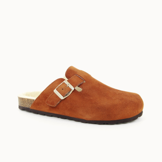 Chausson sabot femme SALOMÉ cuir whisky, doublé laine — vue 3/4 | Soir & Matin
