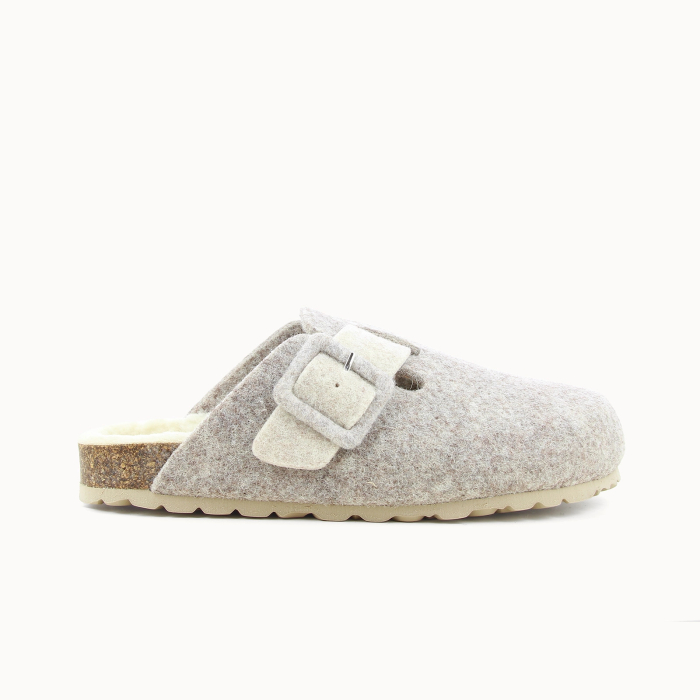 Women’s clog slipper in taupe wool felt — side view | Soir & Matin