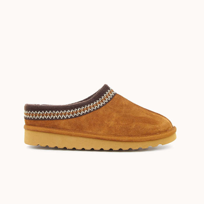 RÉVA women’s mule slipper in whisky leather, wool lined — side view | Soir & Matin
