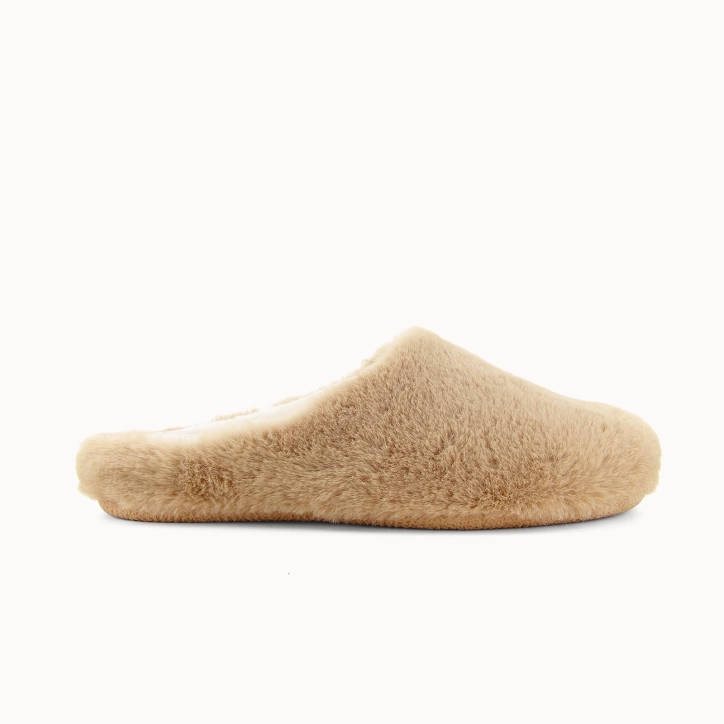 Chausson femme mule NEHA en textile fausse fourrure camel — vue de profil | Soir & Matin