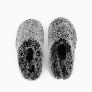BIBI women’s slipper in black faux-fur textile — top view | Soir & Matin