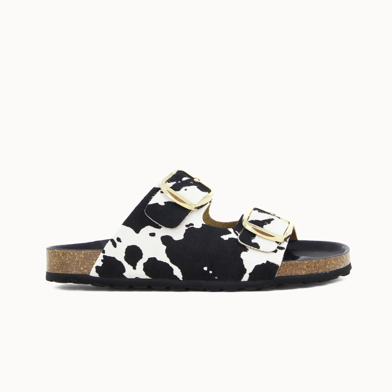 Damen-Pantolette EBONY mit zwei Riemen – Leder in Felloptik | Soir & Matin