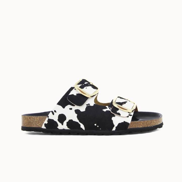 Damen-Pantolette EBONY mit zwei Riemen – Leder in Felloptik | Soir & Matin