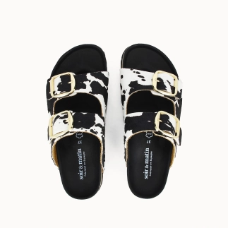 Damen-Pantolette EBONY mit zwei Riemen – Leder in Felloptik | Soir & Matin