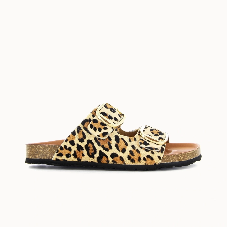 Damen-Pantolette EBONY mit zwei Riemen – Leder in Felloptik | Soir & Matin